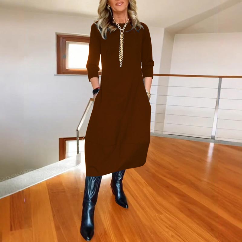 2025 Γυναικών Casual στερεό χρώμα στρογγυλό λαιμό φόρεμα με τσέπες