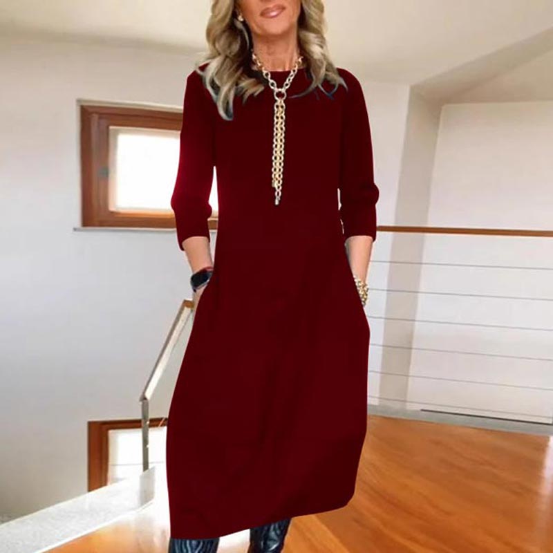 2025 Γυναικών Casual στερεό χρώμα στρογγυλό λαιμό φόρεμα με τσέπες