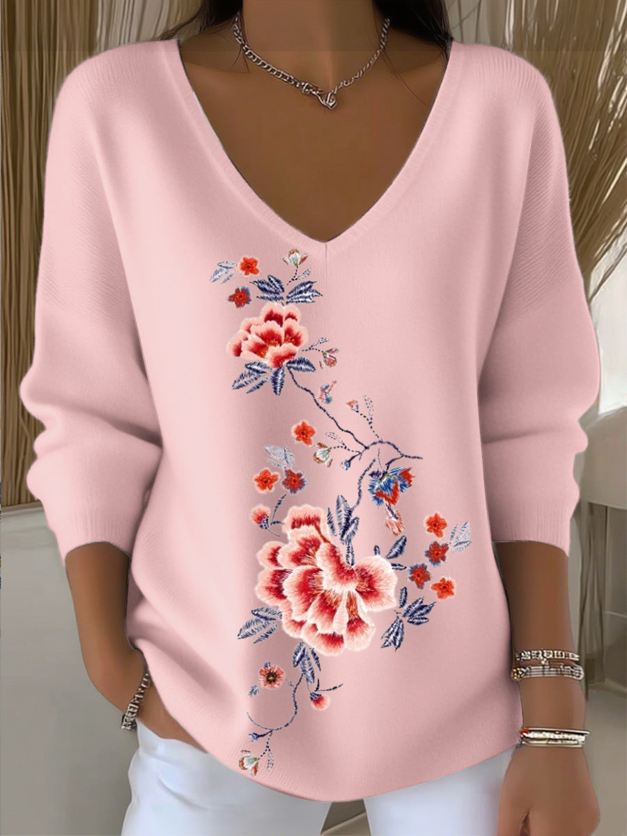 Γυναικείο κεντημένο ροζ V - λαιμό κορυφαίο