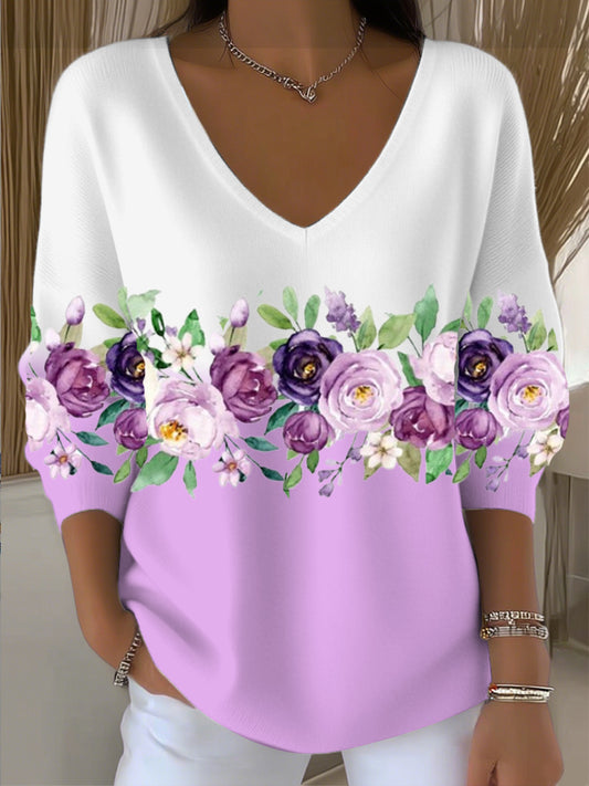 Γυναικεία γλυκό μωβ λουλούδια εκτύπωση χρώμα - Block V - λαιμό κορυφαίο