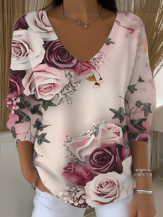 Γυναικείο όμορφο τριαντάφυλλο εκτύπωση ροζ V - λαιμό κορυφή