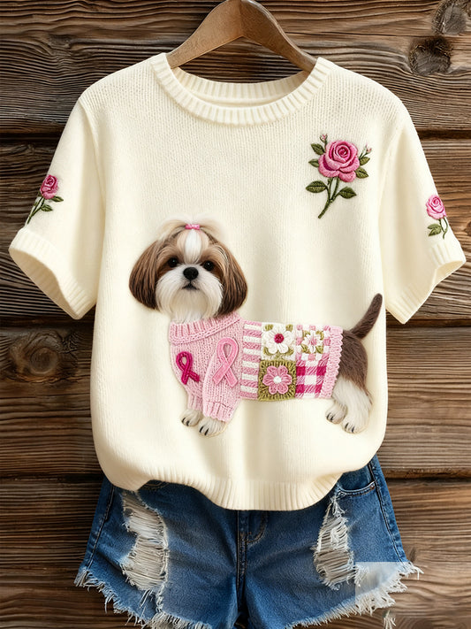 Γυναικείο καλλιτεχνικό ζώο εκτύπωση άνετο πλεκτό κοντό μανίκι κορυφού