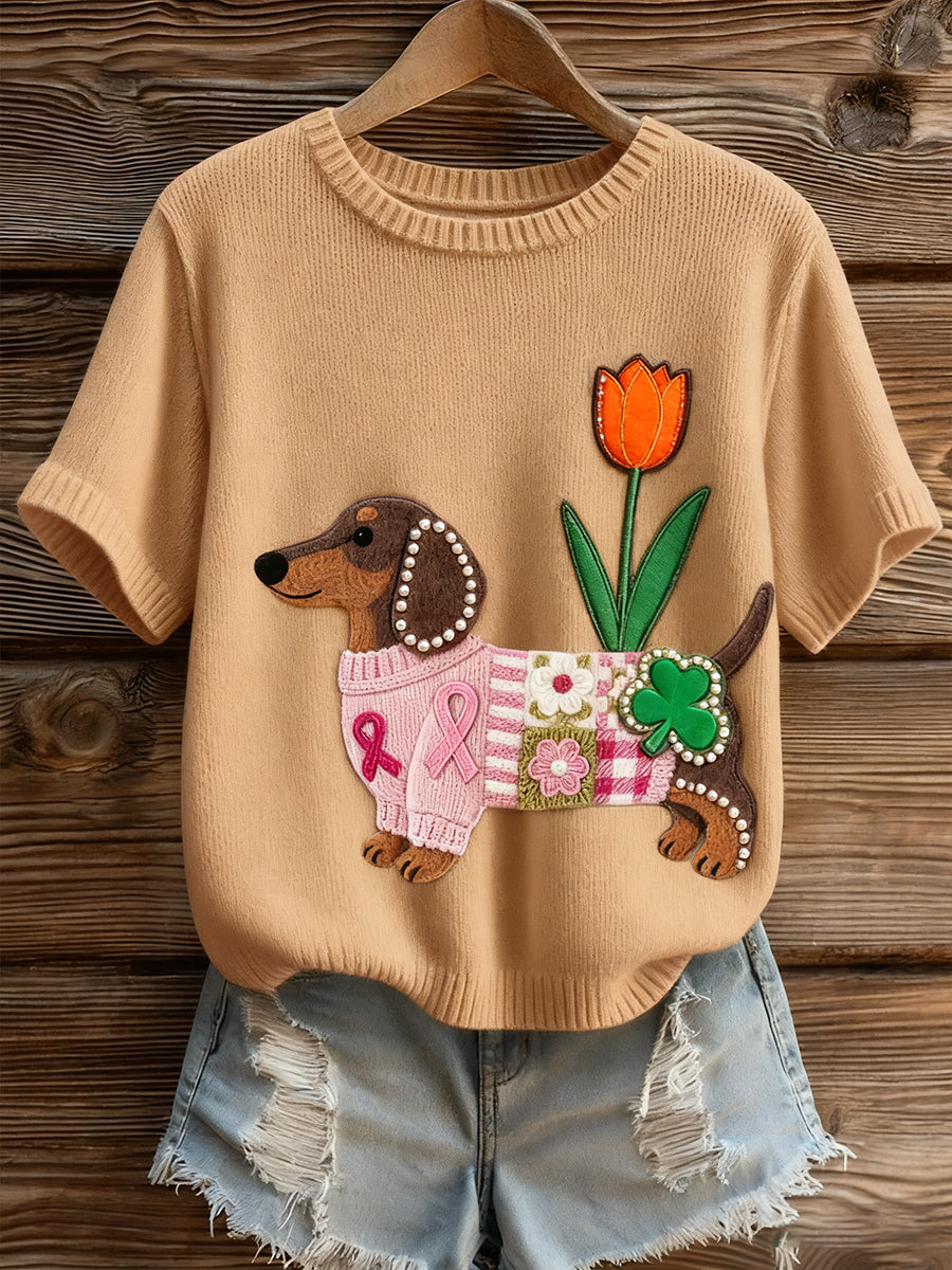 Γυναικείο καλλιτεχνικό ζώο εκτύπωση άνετο πλεκτό κοντό μανίκι κορυφού