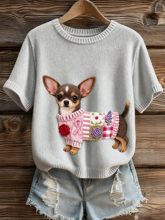 Γυναικείο καλλιτεχνικό ζώο εκτύπωση άνετο πλεκτό κοντό μανίκι κορυφού