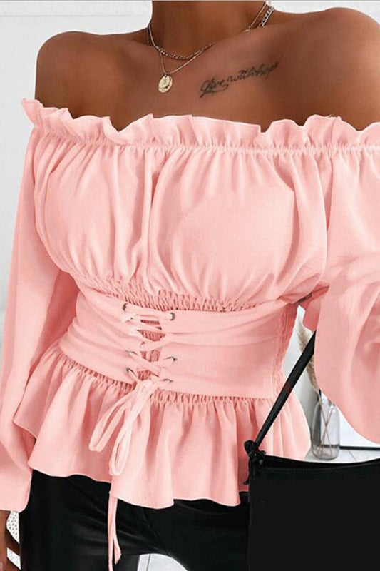 Γυναικείο μακριά μανίκι Off ώμος κρούβλα στερεό πουκάμισο μπλούζα μπλούζα