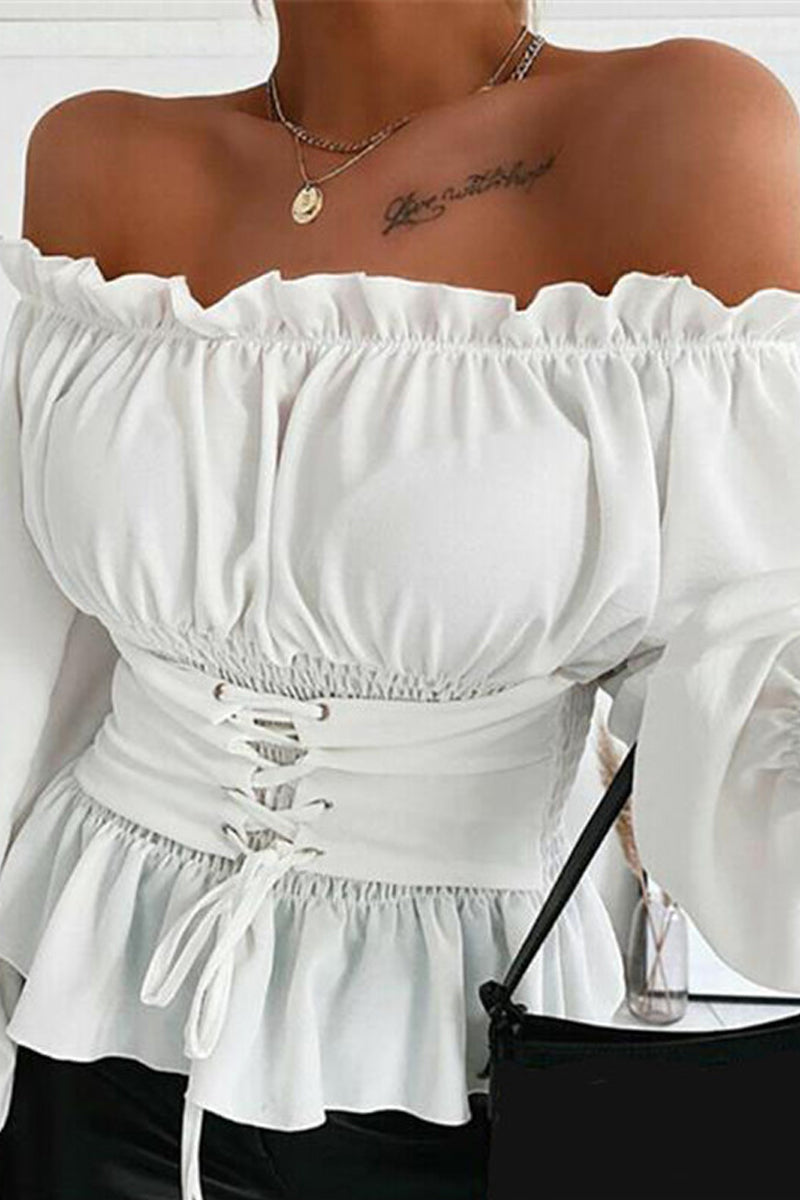 Γυναικείο μακριά μανίκι Off ώμος κρούβλα στερεό πουκάμισο μπλούζα μπλούζα