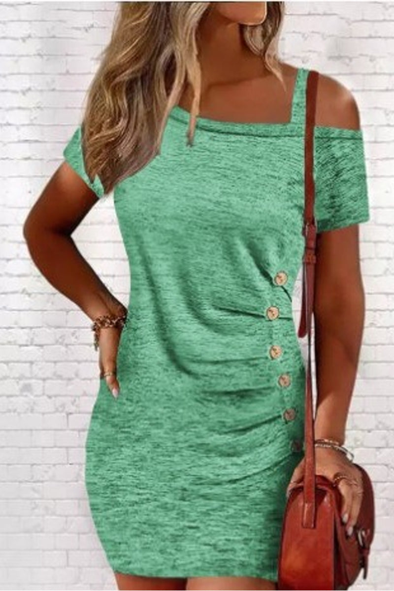 Οι γυναίκες περιστασιακό σέξι κρύο κουμπί ώμου Slim κοντό μανίκι μίνι φόρεμα μίνι