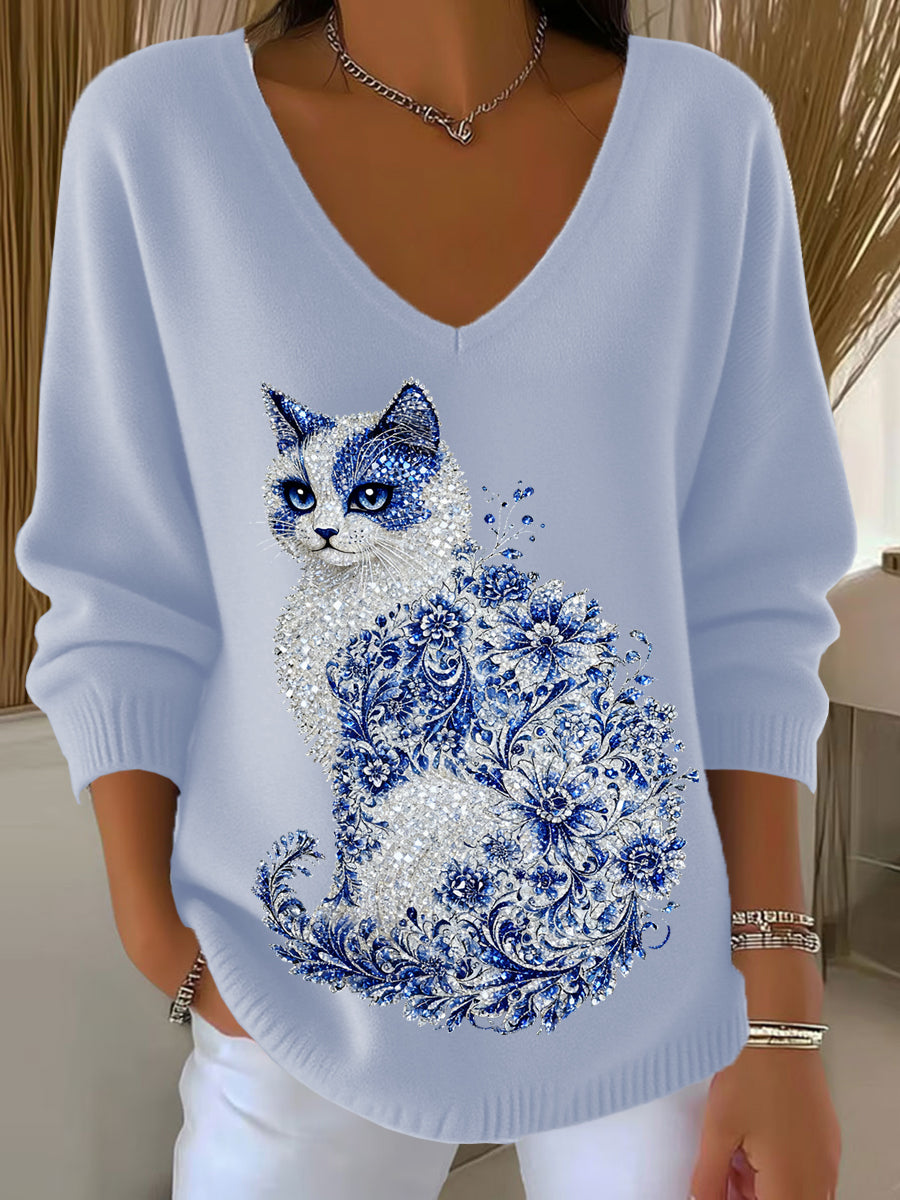 Γυναικεία Retro ζώα ανθοπωλεία τέχνης V-Neck περιστασιακό κορυφαίο