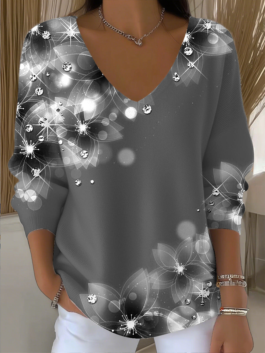 Γυναικείο Vintage Αφηρημένη διαβάθμιση ανθοπωλείο τέχνης V-Neck κορυφαίο