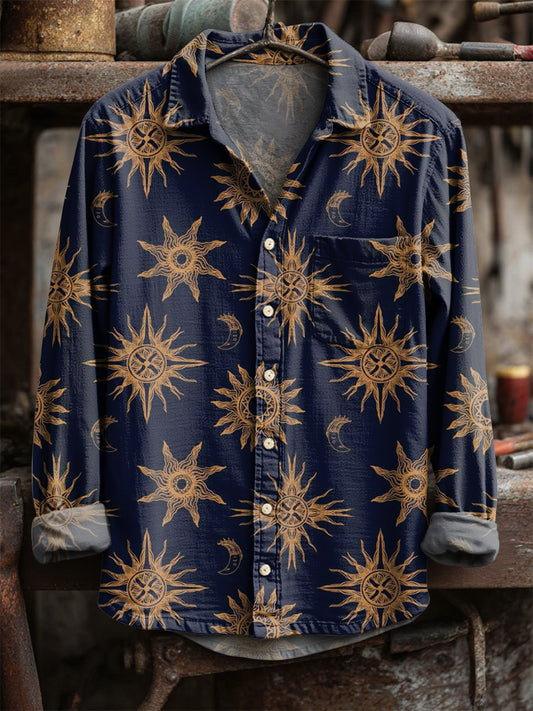 Retro ήλιος και σελήνη εκτύπωση περίπτωση μακριά μανίκι πουκάμισα