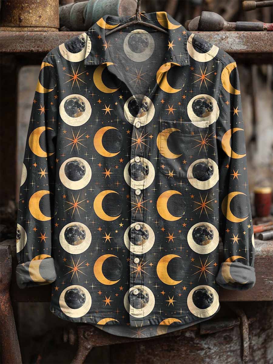 Retro Star και Σελήνη Εκτύπωση Casual μακριά μανίκι πουκάμισα