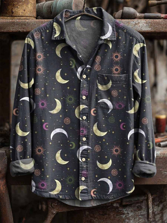 Retro ήλιος και σελήνη εκτύπωση περίπτωση μακριά μανίκι πουκάμισα