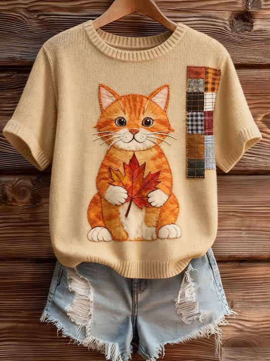 Γυναικείο καλλιτεχνικό ζώο εκτύπωση άνετο πλεκτό κοντό μανίκι κορυφού