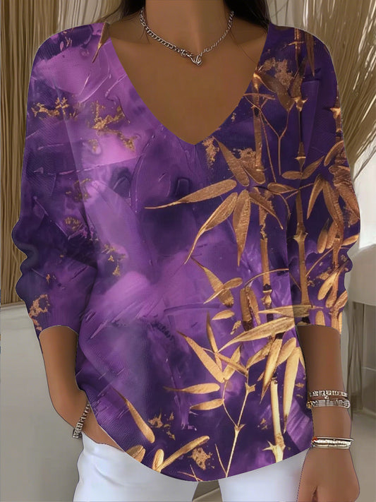 Γυναικείο Vintage Αφηρημένη φύλλα μπαμπού τέχνης V-τριμμένο κορυφή