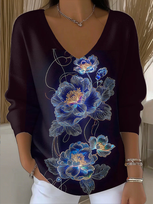 Γυναικείο Vintage ρομαντική τέχνη ανθοπωλείο V-Neck κορυφαίο