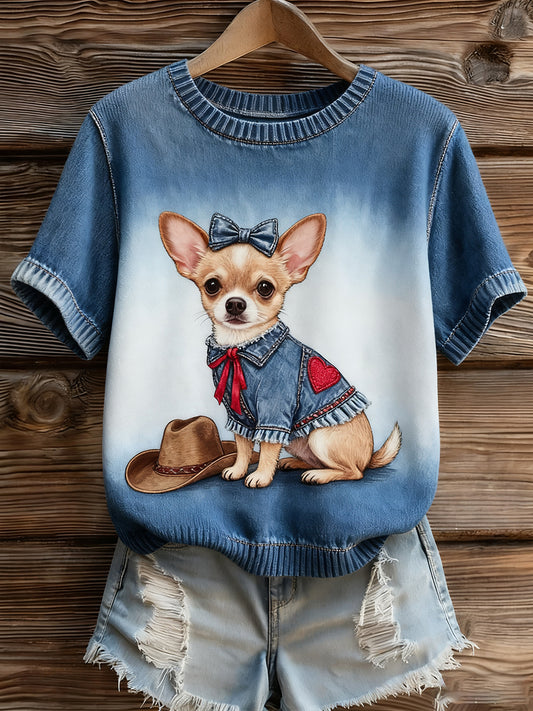 Γυναικείο καλλιτεχνικό ζώο εκτύπωση άνετο πλεκτό κοντό μανίκι κορυφού