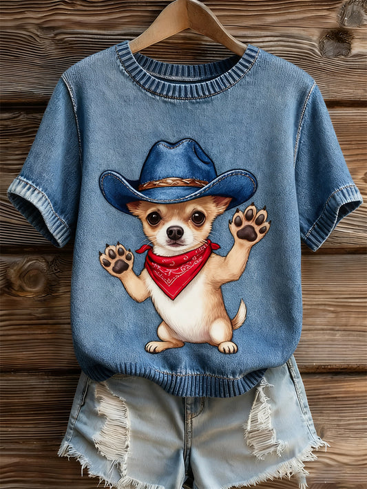 Γυναικείο καλλιτεχνικό ζώο εκτύπωση άνετο πλεκτό κοντό μανίκι κορυφού