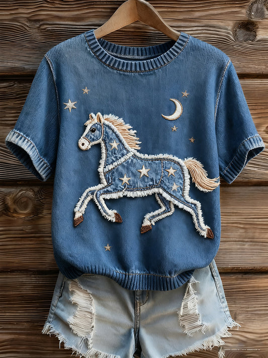 Γυναικείο καλλιτεχνικό ζώο εκτύπωση άνετο πλεκτό κοντό μανίκι κορυφού