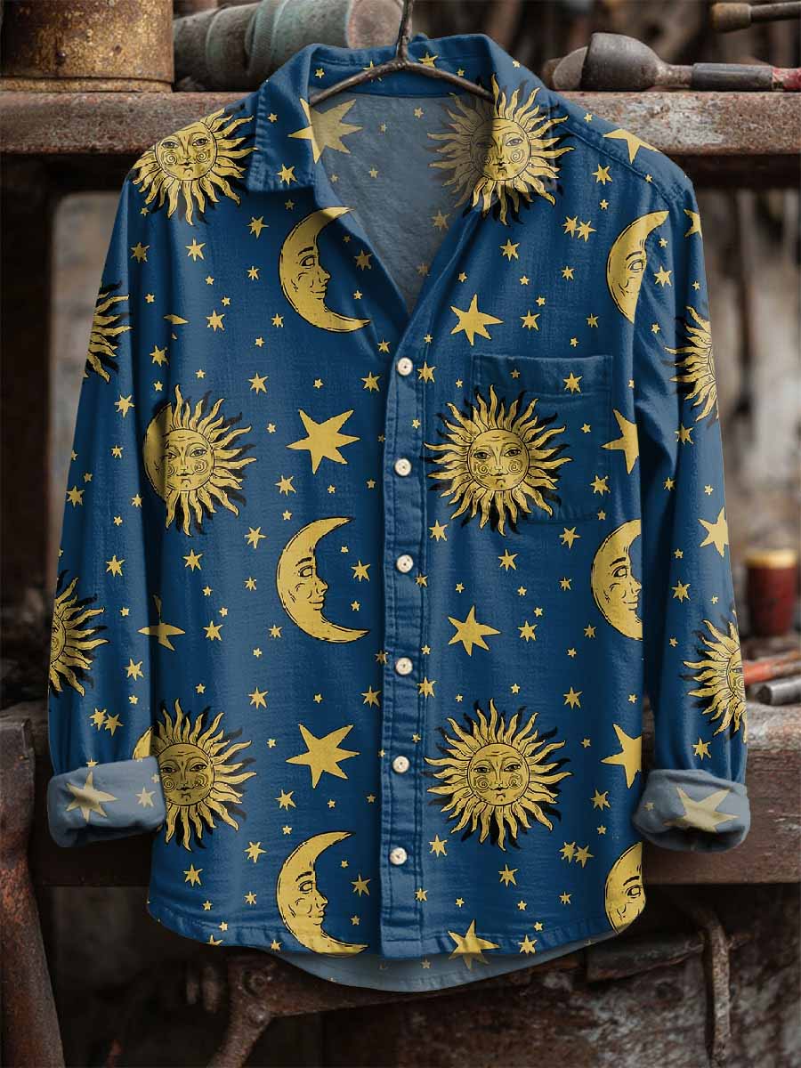 Retro ήλιος και σελήνη εκτύπωση μακριά μανίκι πουκάμισα
