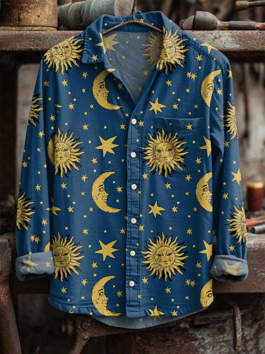 Retro ήλιος και σελήνη εκτύπωση μακριά μανίκι πουκάμισα