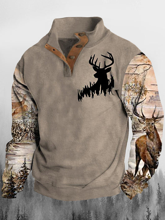 Ανδρική δυτική Vintage δάσος εκτύπωση σταθερό κολάρο κουμπί φλούδισμα