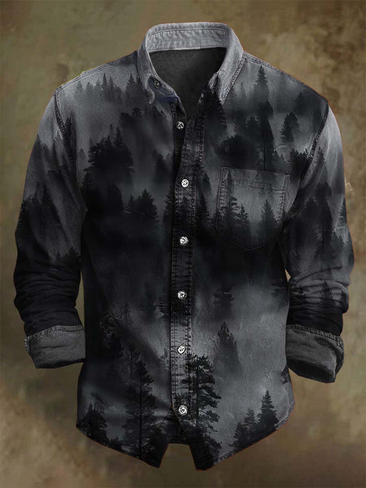 Misty μαύρο δάσος εκτύπωση Casual μακριά μανίκι πουκάμισα