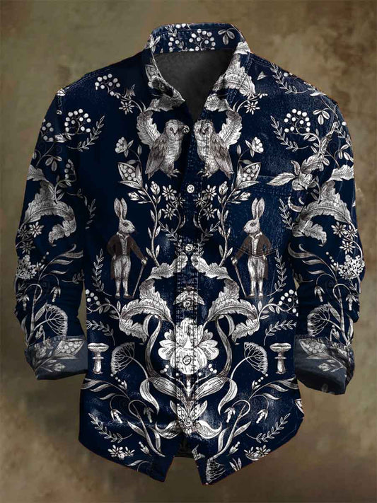 Vintage κουνέλι και κουκουβάγια λουλούδια εκτύπωση Casual μακριά μανίκι πουκάμισα