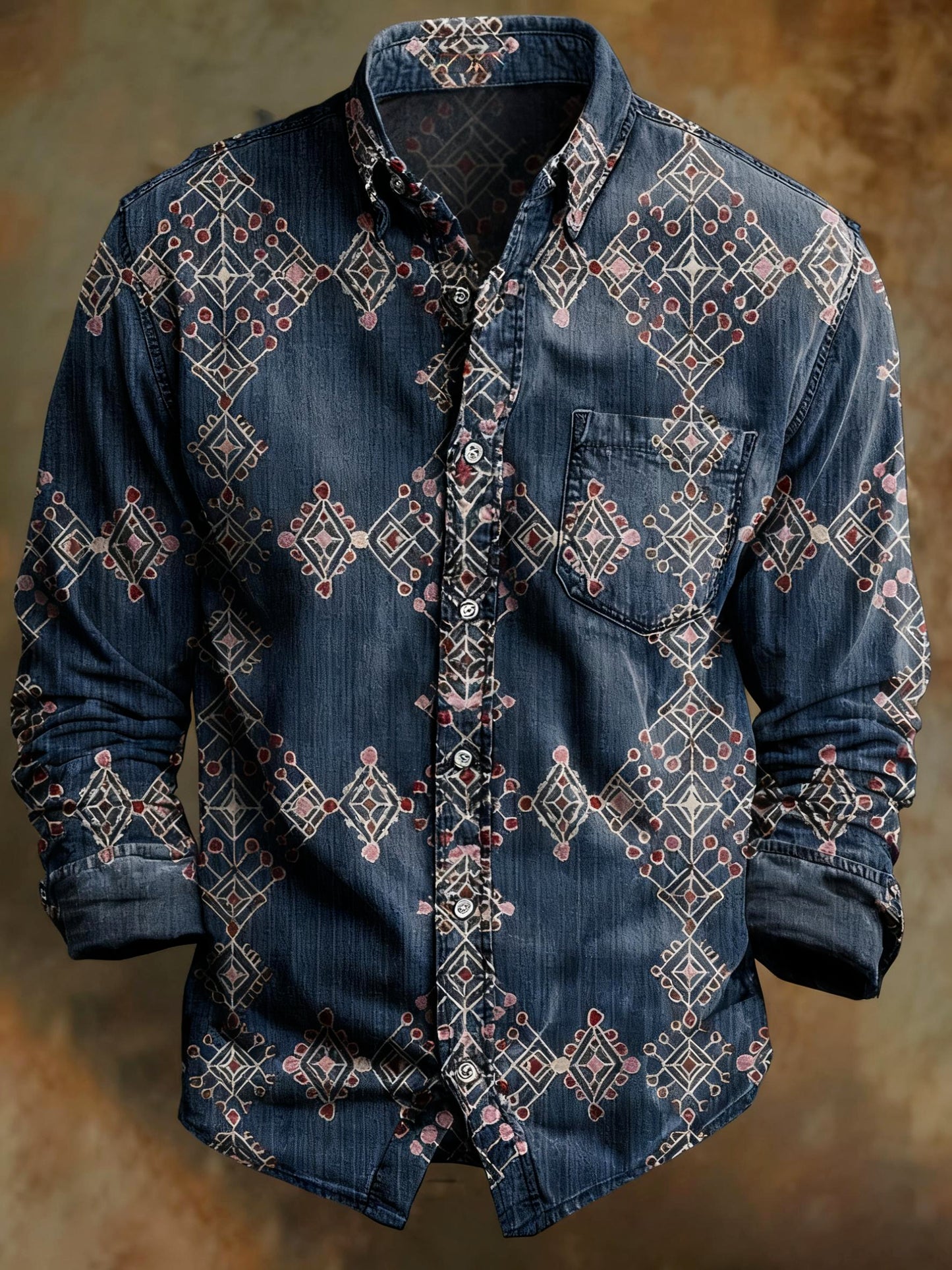 Retro τοτέμ τυπωμένο casual μακρυμάνικο πουκάμισο