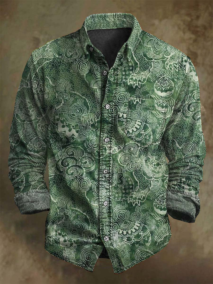 Retro Oriental floral εκτύπωση casual μακρύ μανίκι πουκάμιση