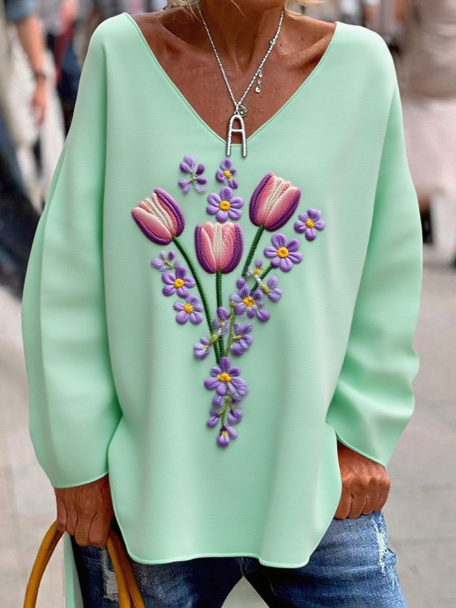 Γυναικείο Vintage τέχνη Floral Εκτύπωση άνεση κορυφή