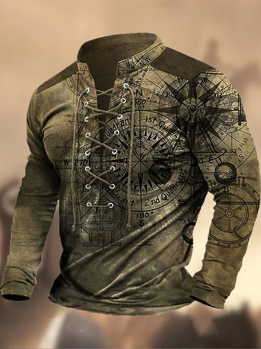 Retro Western Highway υφή μοτίβο τυπωμένο χωριό V-Neck Henry στυλ μακριά μανίκι πουκάμισα