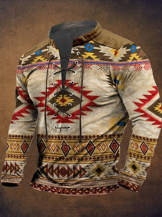 Retro Western Highway υφή μοτίβο τυπωμένο χωριό V-Neck Henry στυλ μακριά μανίκι πουκάμισα