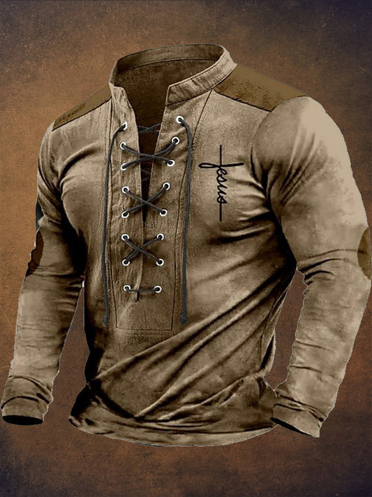 Retro Western Highway υφή μοτίβο τυπωμένο χωριό V-Neck Henry στυλ μακριά μανίκι πουκάμισα