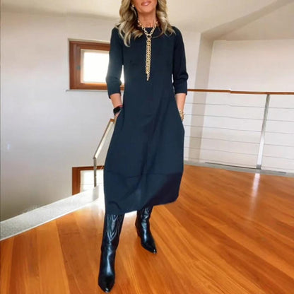 2025 Γυναικών Casual στερεό χρώμα στρογγυλό λαιμό φόρεμα με τσέπες