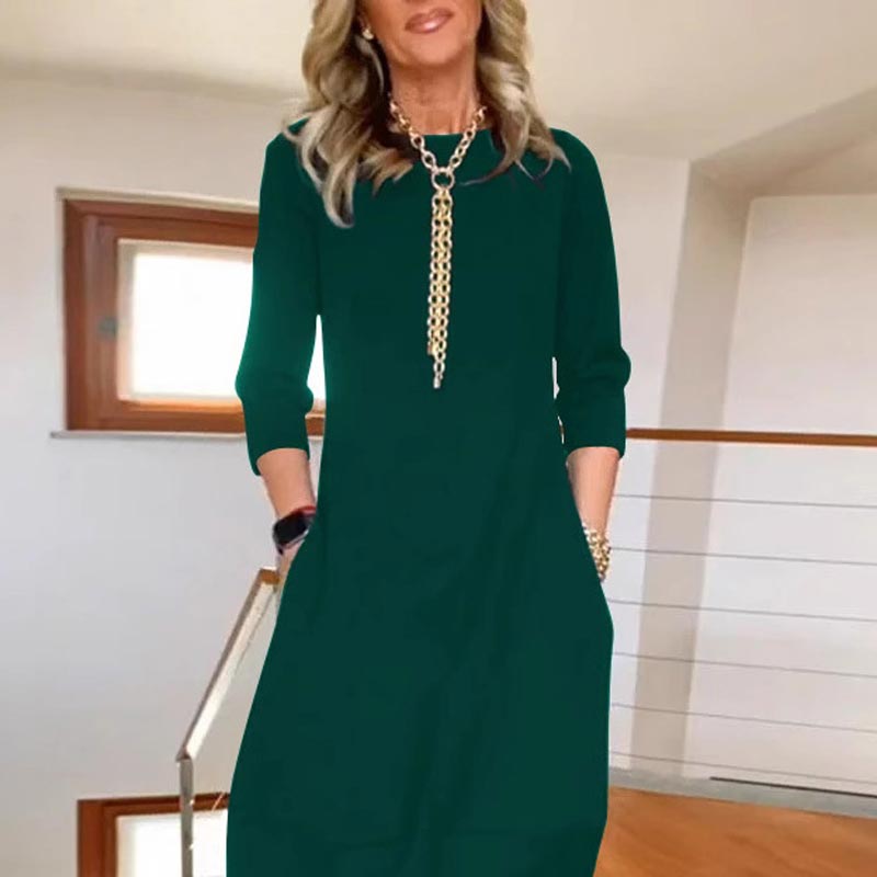 2025 Γυναικών Casual στερεό χρώμα στρογγυλό λαιμό φόρεμα με τσέπες