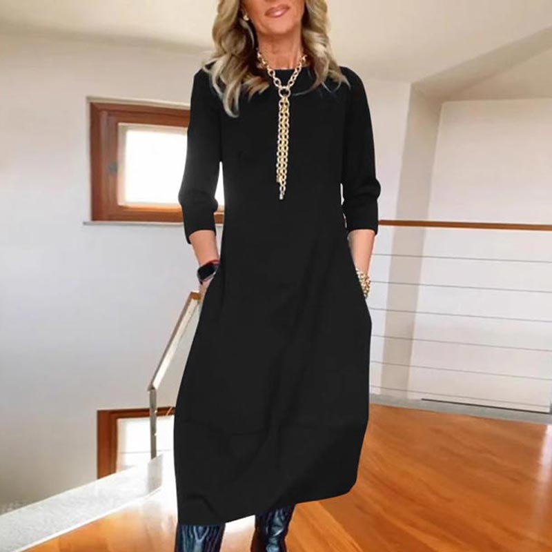 2025 Γυναικών Casual στερεό χρώμα στρογγυλό λαιμό φόρεμα με τσέπες