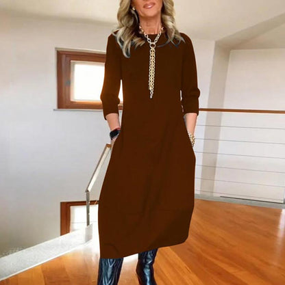 2025 Γυναικών Casual στερεό χρώμα στρογγυλό λαιμό φόρεμα με τσέπες