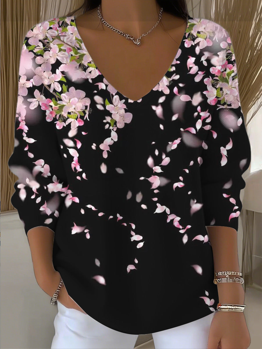 Γυναικείο ρομαντικό κεράσι άνθημα Εκτύπωση μαύρο V - λαιμό κορυφαίο