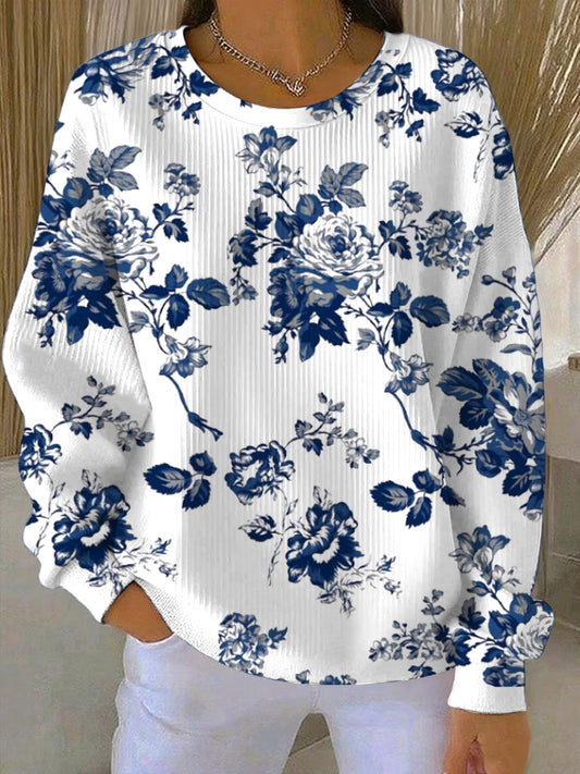 Γυναικείο κομψό μπλε λουλούδια εκτύπωση λευκό μούστος