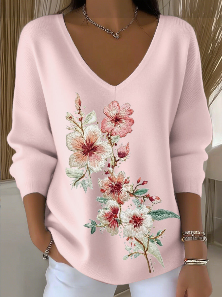 Γυναικείο κεντημένο ροζ V - λαιμό κορυφαίο