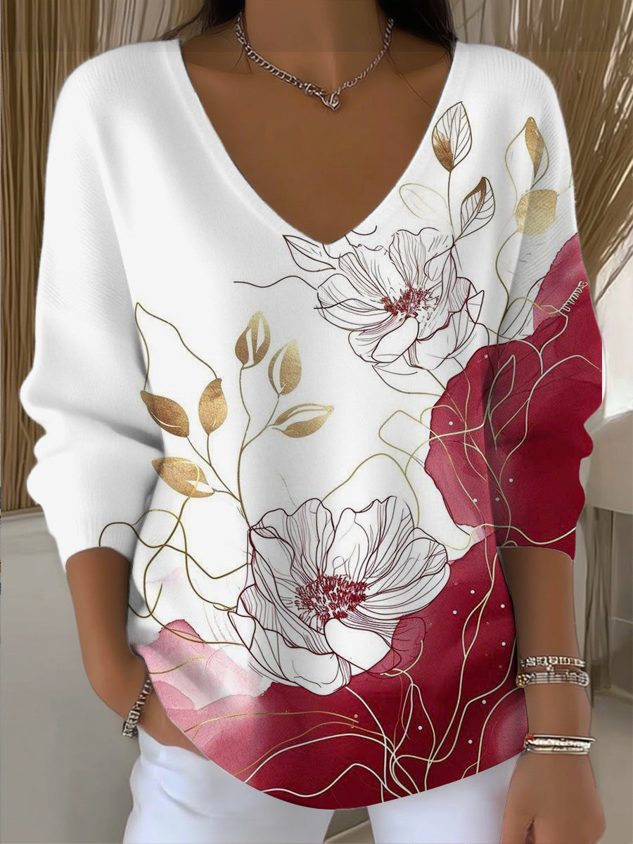 Γυναικεία Chic χρυσό & κόκκινη γραμμή τέχνης Εκτύπωση V - λαιμό κορυφή