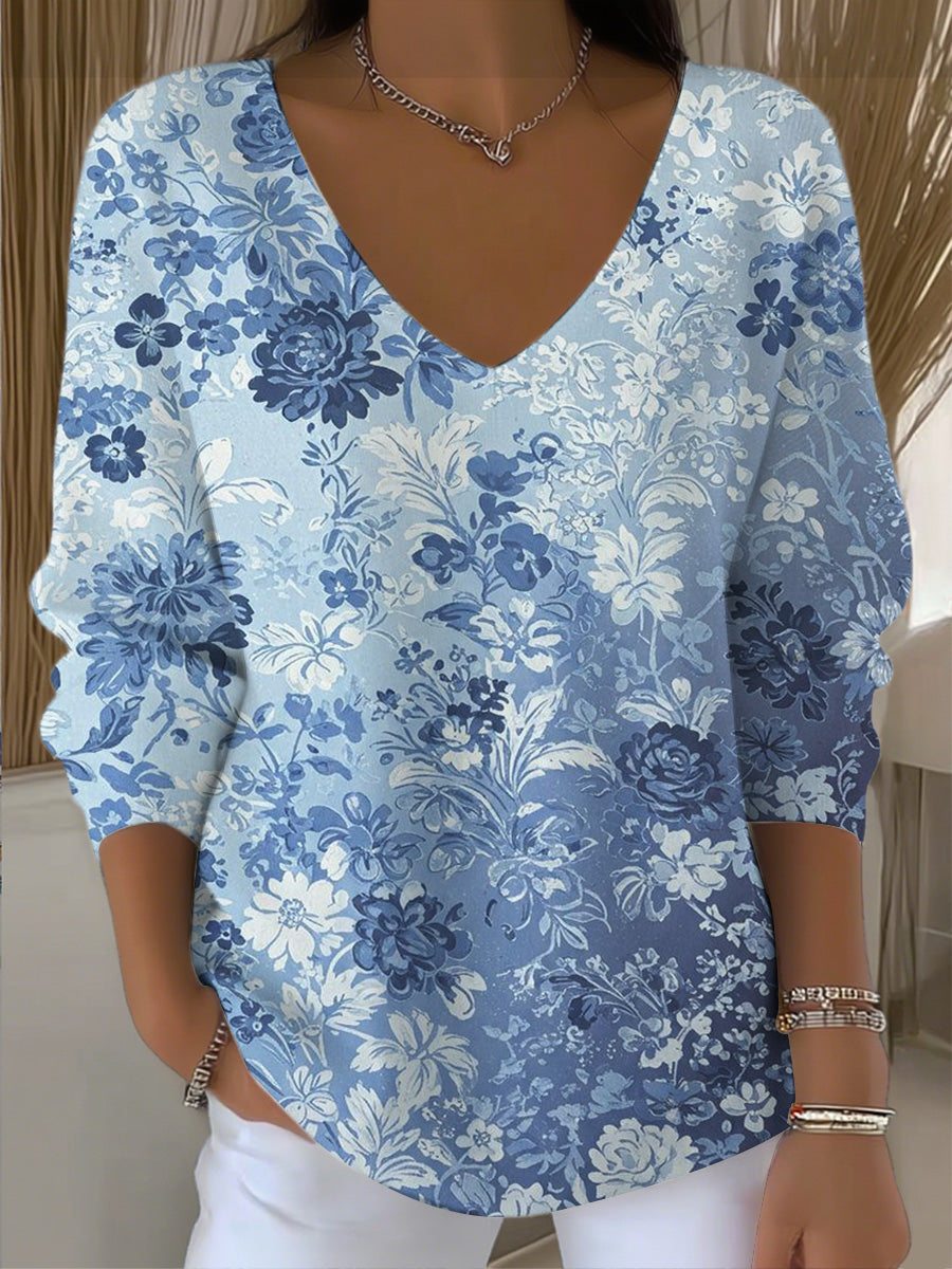 Γυναικεία κομψό μπλε Floral Εκτύπωση V - λαιμό κορυφαίο