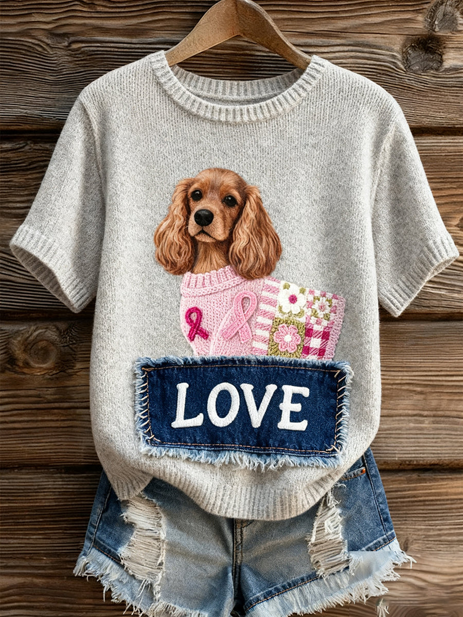 Γυναικείο καλλιτεχνικό ζώο εκτύπωση άνετο πλεκτό κοντό μανίκι κορυφού