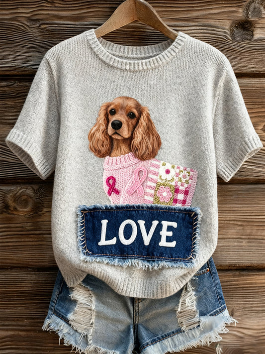 Γυναικείο καλλιτεχνικό ζώο εκτύπωση άνετο πλεκτό κοντό μανίκι κορυφού