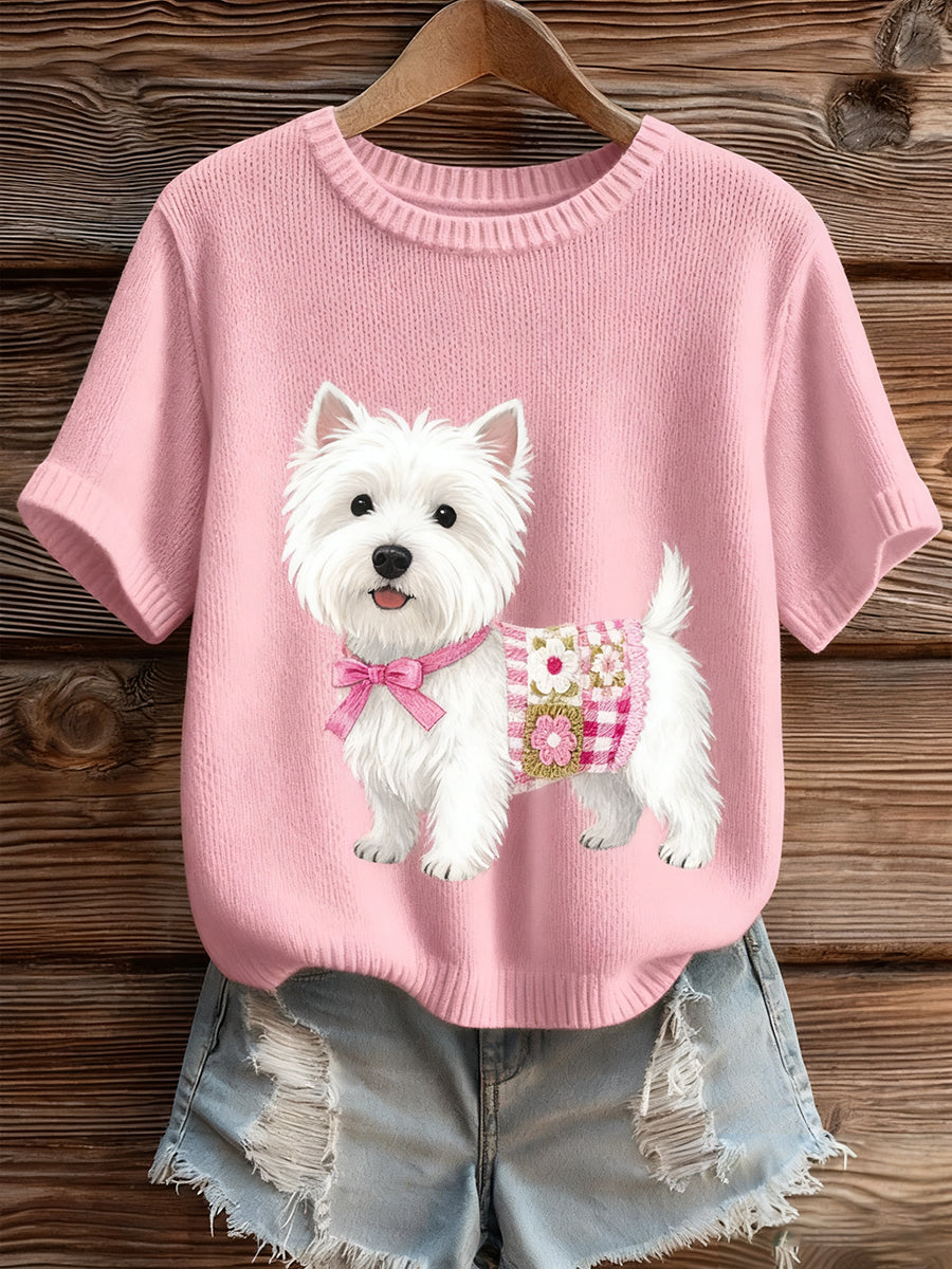 Γυναικείο καλλιτεχνικό ζώο εκτύπωση άνετο πλεκτό κοντό μανίκι κορυφού