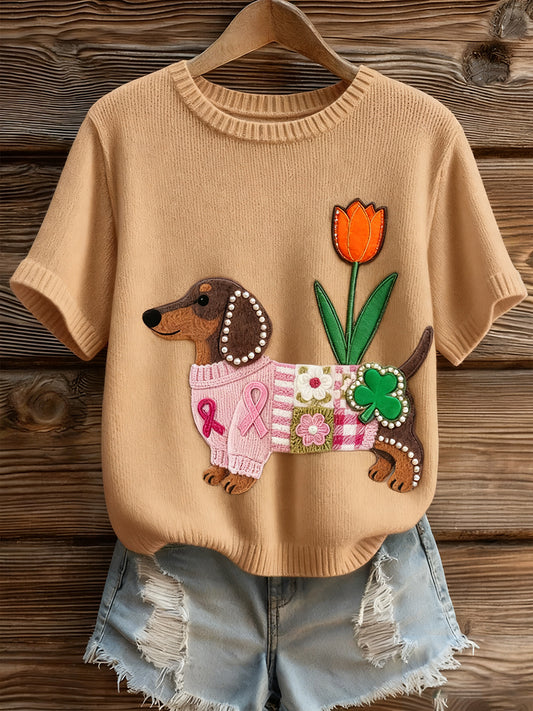 Γυναικείο καλλιτεχνικό ζώο εκτύπωση άνετο πλεκτό κοντό μανίκι κορυφού