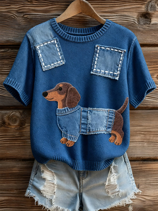 Γυναικείο καλλιτεχνικό ζώο εκτύπωση άνετο πλεκτό κοντό μανίκι κορυφού