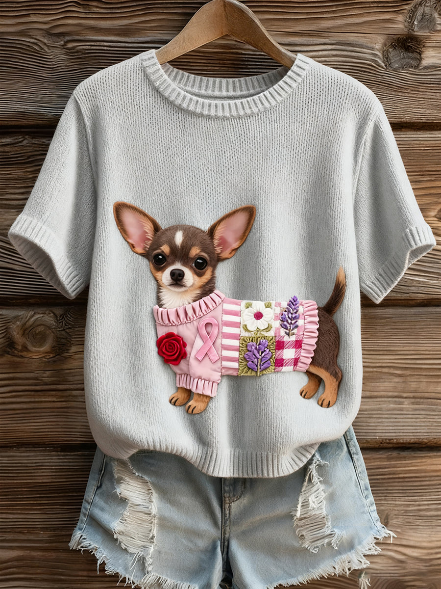 Γυναικείο καλλιτεχνικό ζώο εκτύπωση άνετο πλεκτό κοντό μανίκι κορυφού