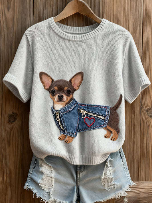 Γυναικείο καλλιτεχνικό ζώο εκτύπωση άνετο πλεκτό κοντό μανίκι κορυφού