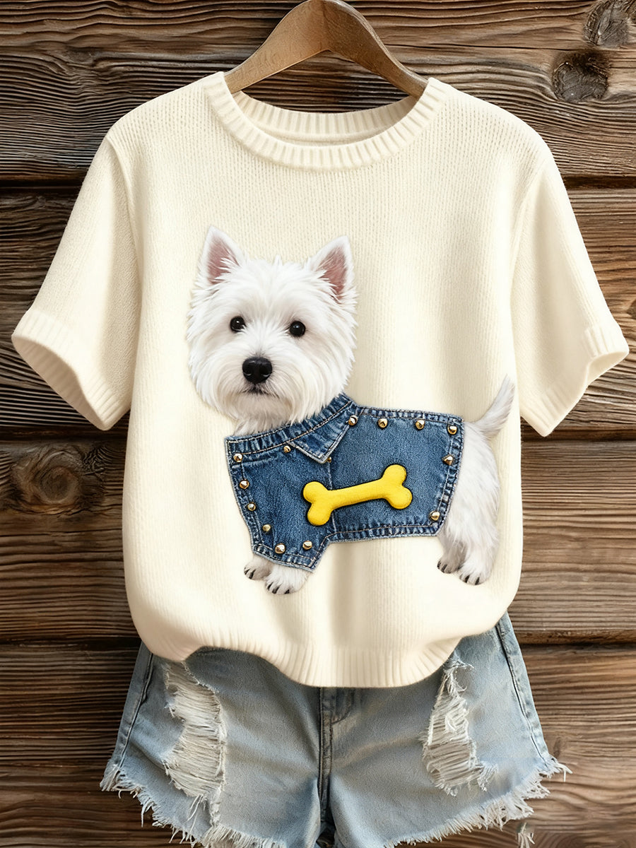 Γυναικείο καλλιτεχνικό ζώο εκτύπωση άνετο πλεκτό κοντό μανίκι κορυφού